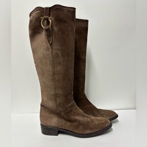 SALVATORE FERRAGAMO Gancini Tan Suede Tall Slip On Riding Boots Women’s 9 1/2